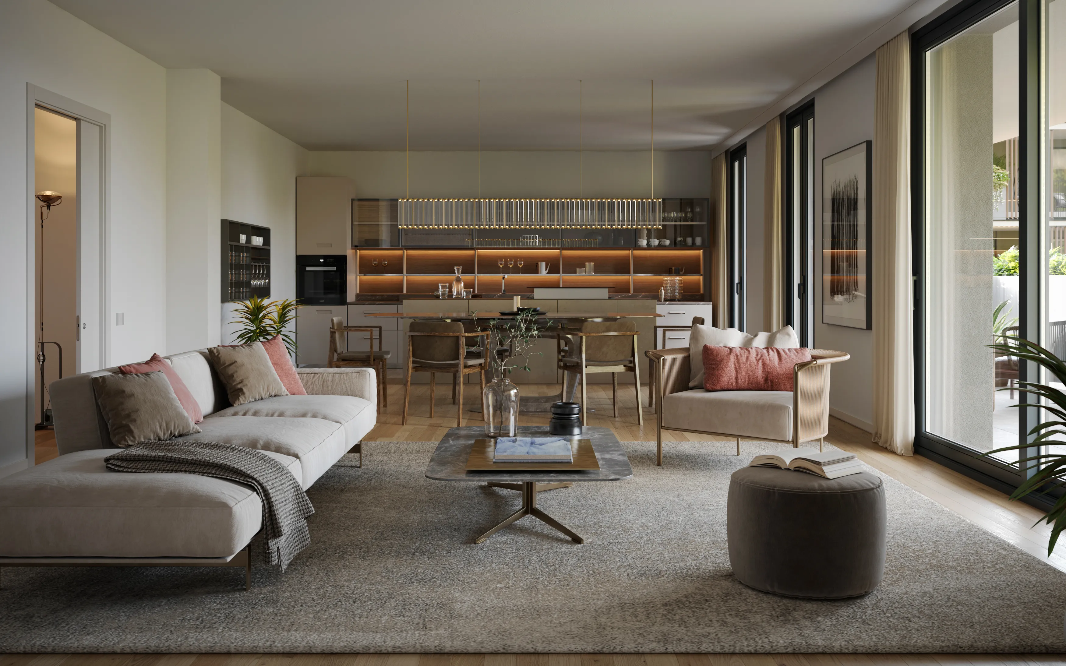 Soggiorno moderno con divano beige, poltrona, tavolino centrale, e cucina a vista con illuminazione calda e sedie di legno.