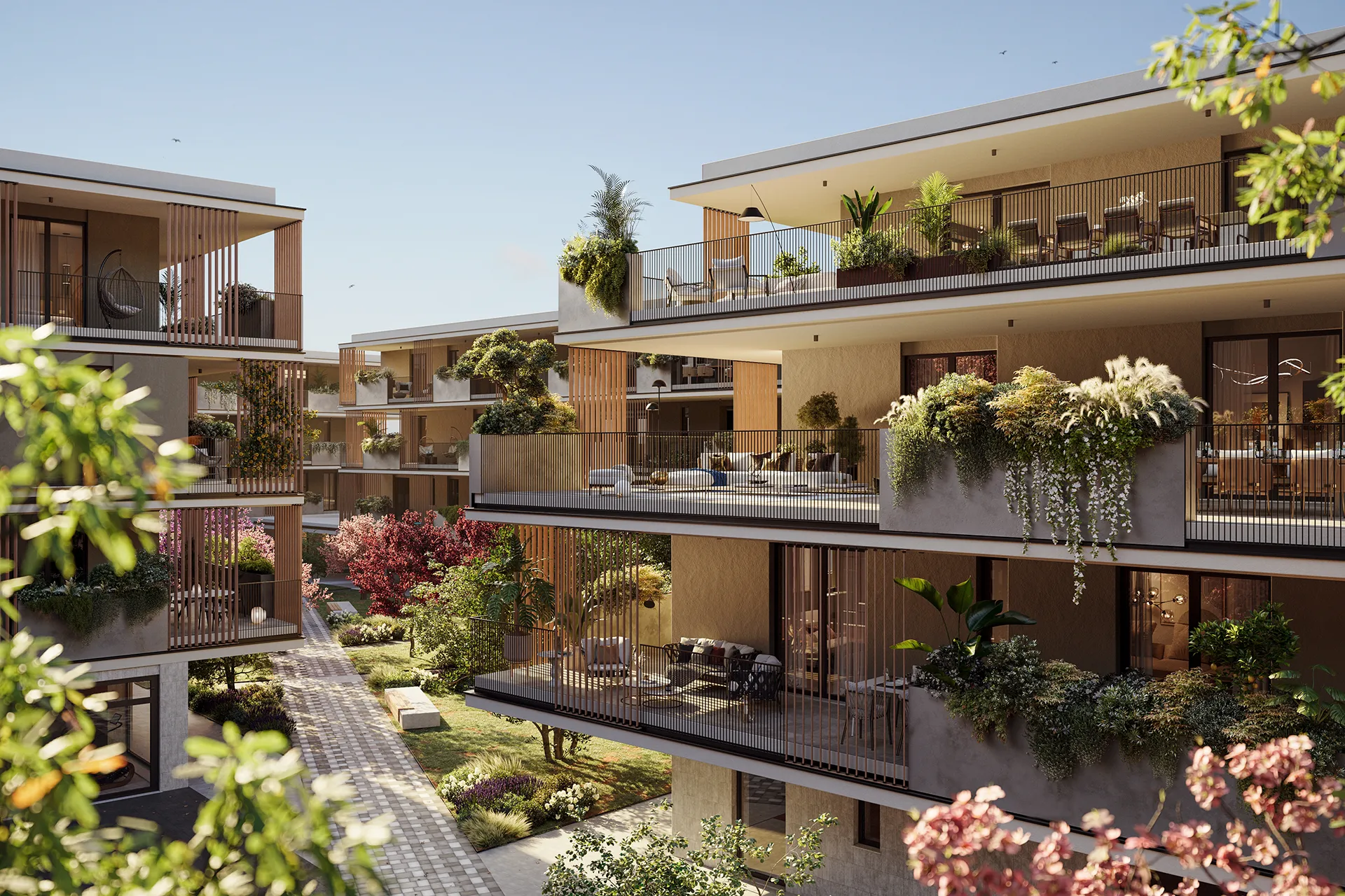 Vista esterna delle residenze Dimore dei Colli circondate da aree verdi e camminamenti”