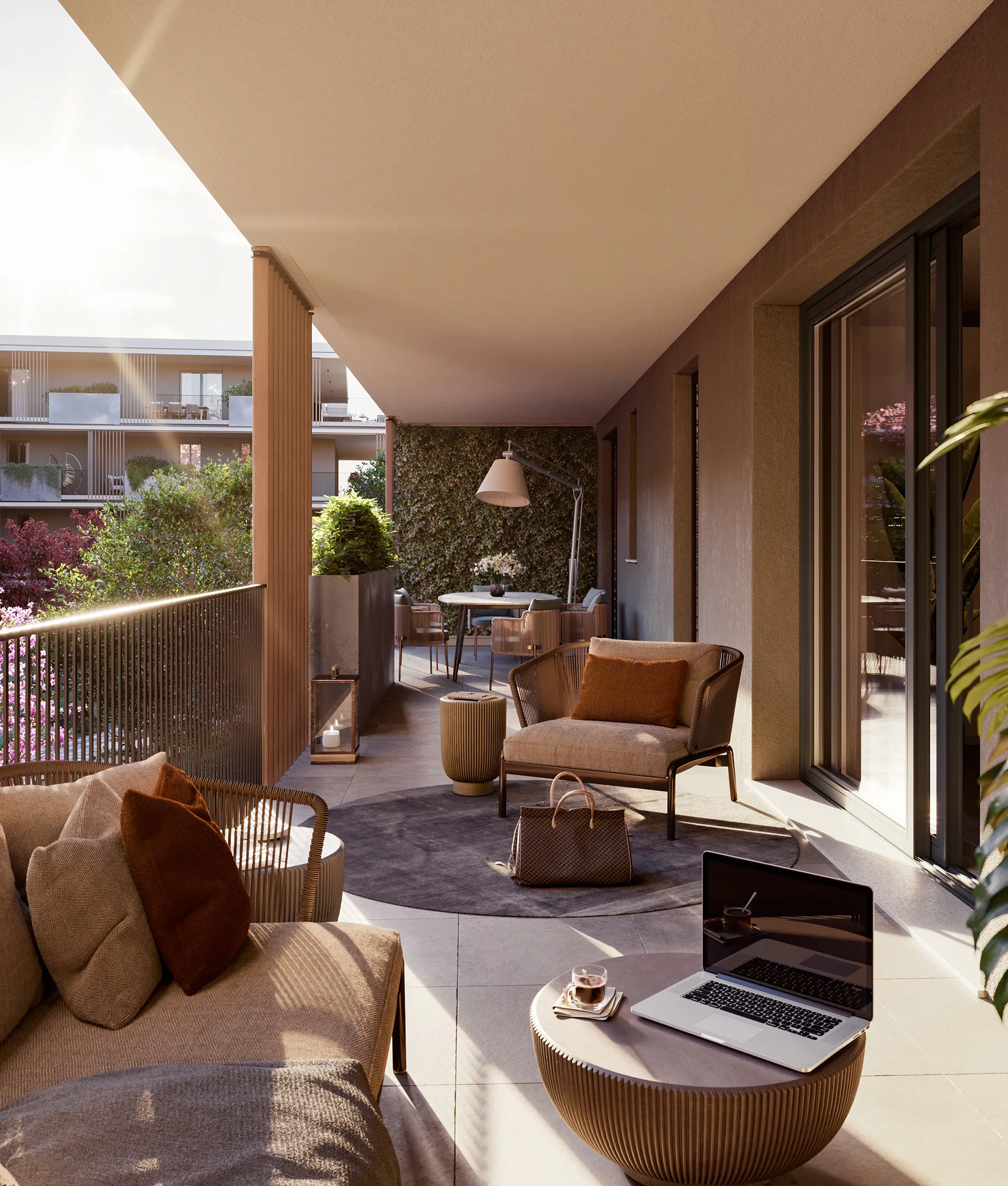 Dettaglio architettonico con terrazze e giardini privati alle residenze Dimore dei Colli